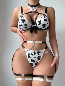 Cow Print Hollow Out Chain Detail Sexy Lingerie Set - Black and White - View 6