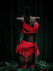 SpicyHot 5pcs Sexy Lingerie Set With Sheer Mesh, Revealing Bust Design - Burgundy - View 4