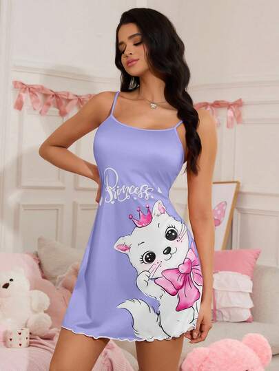 SweetSlumber Schattige INS-stijl camisole nachtjapon met katten- en strikprint voor dames