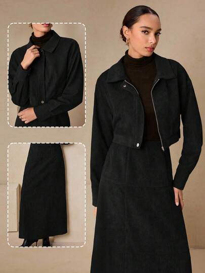 Graceveil Women's Corduroy Jacket With Vintage Vibe, Chocolate Brown Color, Paired With Long Split Hem Skirt For A Stylish Autumn Outfit