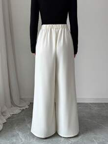 Elenzga Women's Solid Color Button Pleated Fashionable Versatile Commuter Casual Wide Leg Pants - Beige - View 3