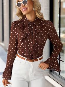 Solivie Damen Polka Punkt Muster Patchwork Volant Glockenärmel Braun Elegante Bluse, Elegante Bluse Frühling - Verschiedenfarbig - Übersicht 8