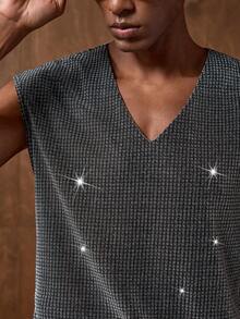 AKNOTIC Men's Fashion Casual Vest Gun Sequin Top Men Rhinestone Top Men Sparkly Top Men Men Crochet Top Twilight Knit Top Men - Black - View 5