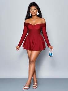 SOLERSUN 女士冬装优雅通勤情人节新年派对女士秋冬女士性感单肩连体裤，腰部修身荷叶边安格拉红色迷你假裙连体裤， - 酒紅色 - 查看 5