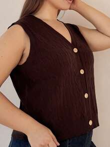 Nezia Cruz 大码女士休闲纽扣毛衣背心，秋冬女士教师装 - 棕色 - 查看 5