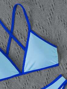 Bonvoyette 女士夏季度假沙滩撞色滚边细肩带比基尼套装 - 藍色 - 查看 7