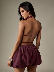 MISSGUIDED Burgundy Halter Neck Two Piece Coord Backless Top Drop Waist Ruffle Hem Mini Skirt Set - Burgundy - View 2