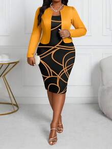SHEIN Lady Áo khoác cardigan tay phồng nhiều màu sắc cho mùa xuân, hè, thu và đông, áo croptop dáng suông với họa tiết hình học, váy suông in họa tiết cổ điển, bộ hai mảnh cỡ lớn, trang phục mùa xuân, trang phục mùa xuân và hè, váy đen vàng, bộ váy hai mảnh, váy áo khoác vàng, váy dài tay thanh lịch, váy ôm sát màu vàng. - Nhiều màu - Xem 1