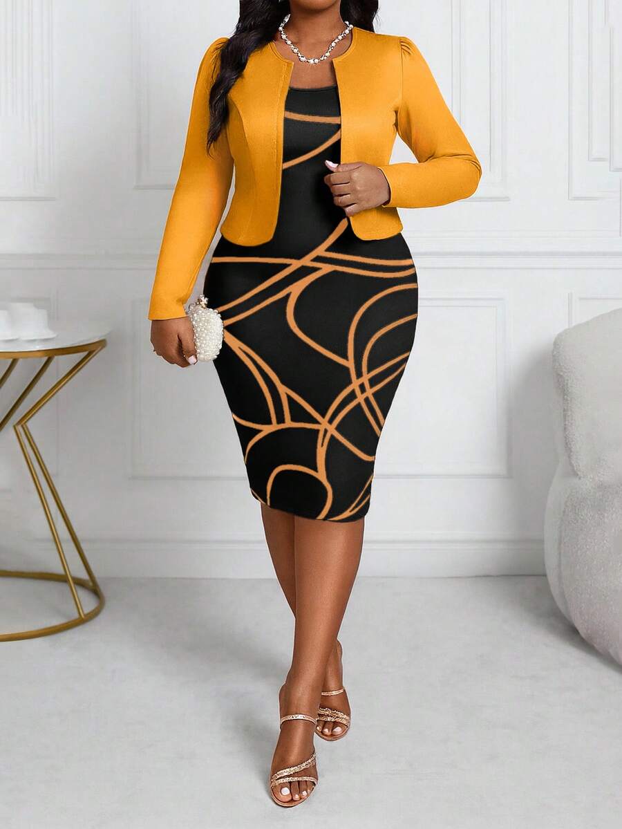 SHEIN Lady Áo khoác cardigan tay phồng nhiều màu sắc cho mùa xuân, hè, thu và đông, áo croptop dáng suông với họa tiết hình học, váy suông in họa tiết cổ điển, bộ hai mảnh cỡ lớn, trang phục mùa xuân, trang phục mùa xuân và hè, váy đen vàng, bộ váy hai mảnh, váy áo khoác vàng, váy dài tay thanh lịch, váy ôm sát màu vàng. - Nhiều màu - Xem 1