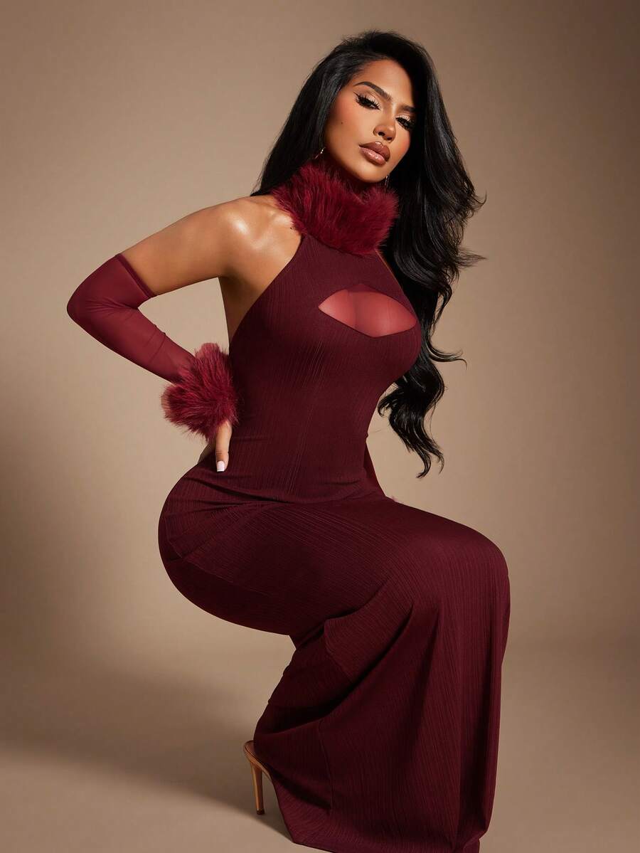 Radiana Women's Sexy Elegant Distinctive Burgundy Fluffy Collar Fitted Fishtail Dress, Includes Matching Fluffy Sleeve Cuffs, Stretchy Knit Fabric Hugs Curves, Red Dress, Sexy Backless Dress, Red Gown, Evening Dress, Annual Party Dress, Ball Gown, Banquet Dress, New Year Party Dress, Suitable For Dates, Gatherings, Banquets, Cocktail Parties, Clubs, Nighttime Outings, New Year's Eve, Christmas, Parties, Wedding Guest Dresses, Bridesmaid Dresses, Cocktail Parties, Graduation Dances, Holiday Attire - Burgundy - View 1