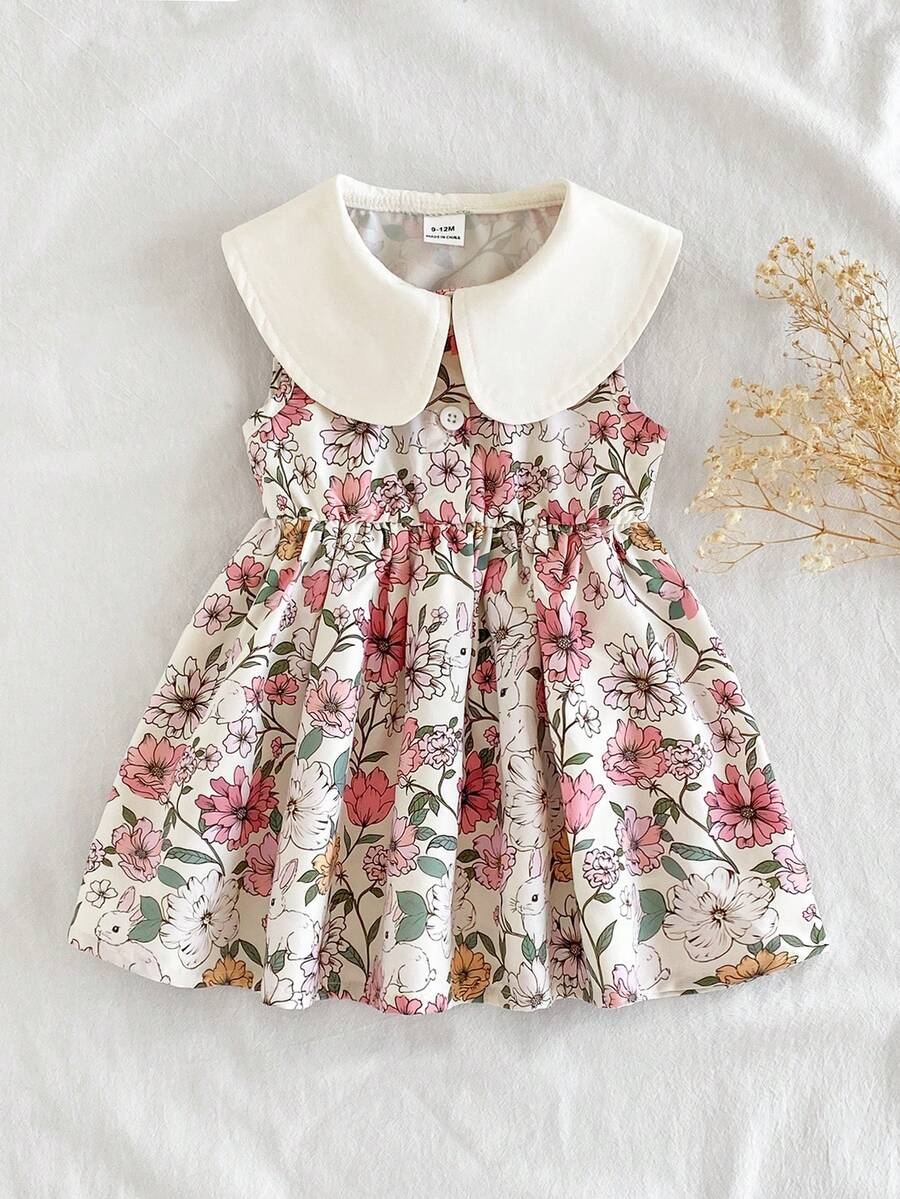 Vintaside Kids Baby Girl Casual Floral Print Peter Pan Collar Dress - Multicolor - View 1