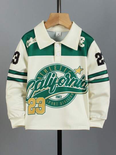 SHEIN 男童休闲运动学院风藏青白条纹polo衫，饰有刺绣贴片和数字印花，适合秋季穿着，冬季可搭配外套，适合户外、运动和上学穿着。