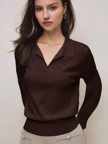 BizChic 2026 Spring/Summer New Asymmetrical Diamond Pattern Knitted Polo Neck Pullover Sweater For Women, 90s Teacher Chic Elegant Carnival Party British Retro College Style Back To School Music Festival Urban Commute - Brown - View 5