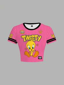 LOONEY TUNES X SHEIN Women's Casual Fashion Street Sporty Funny Cute Cartoon Letter Number Striped Print Contrast Binding Short Sleeve T-Shirt, Summer - White - View 1