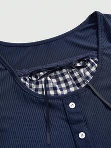 ROMWE Kawaii 复古甜美二合一长袖女式T恤 - 藏蓝色 - 查看 3