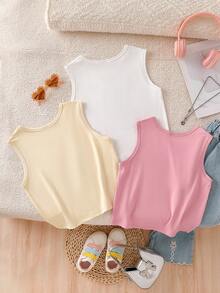 Sparklyn 3pcs/Set Tween Girls' Fashionable Cartoon Graphic Tank Tops - Apricot - View 2