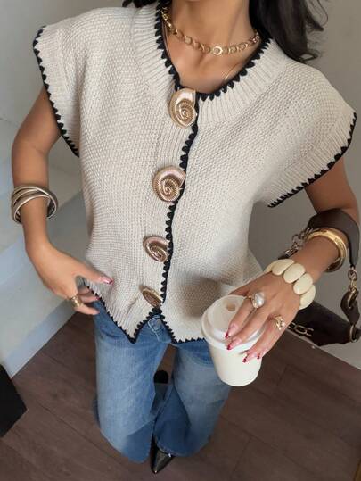 Siren Gaze 女士休闲通勤金属扣针织开衫，春季女士针织毛衣