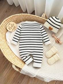 SHEIN 新生女宝宝可爱针织连体衣、脚套和帽子套装，适合秋冬季节穿着 - 黑與白 - 查看 2