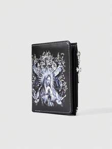 ROMWE Goth 哥特风钱包，朋克女孩爱心宝石水晶泪滴、星星、太阳、宝剑创意设计五芒星拉链零钱包，休闲时尚卡包 - 黑灰色 - 查看 3