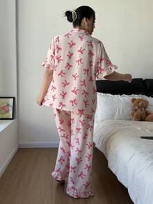 SHEIN 大码女式蝴蝶结印花口袋荷叶边短袖睡衣套装 - 淺粉色 - 查看 2