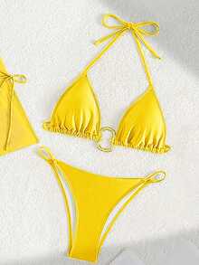 Swim SXY Set de 4 piezas de bikini de triángulo de unicolor con tirantes de espagueti, con suéter holgado de manga larga de malla y falda corta con pliegues y lazo en la cintura, sexy y elegante para fiestas en la playa y vacaciones