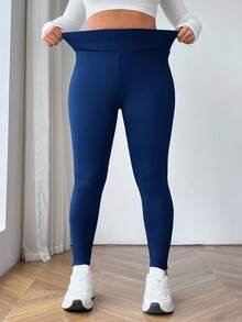 SHEIN Tall CURVE Plus Size Women's High Waist Thick Warm Leggings For Autumn And Winter Thermal - Royal Blue - View 8