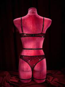 SpicyHot 3pcs/Set Lace Patchwork Sexy Bodysuit With Hollow-Out Underwire - Black - View 2