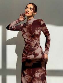 Aloruh Elegant Women's Casual Elegant Non-Shrink Bodycon Long Sleeve Dress, Floral Print, Tie-Dye Print,Women Elegant Dress,Red Dress - Multicolor - View 4