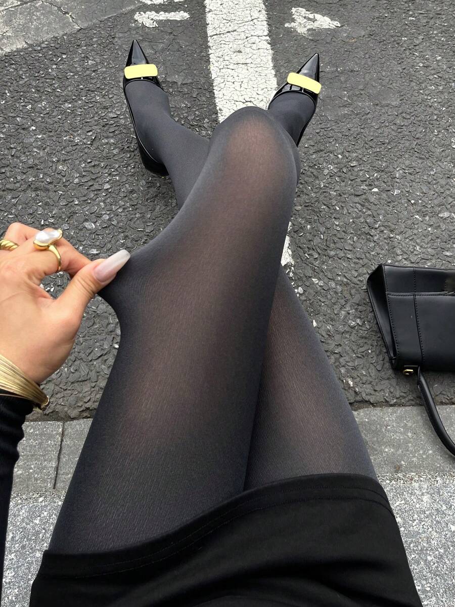 FRIFUL Women's Solid Color Fashionable And Versatile Thick Thermal Lined Tights, Autumn/Winter - Dark Grey - View 1