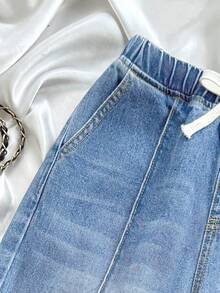 SHEIN Tween Girls' Tie Waist Pocket Wide Leg Loose Casual Jeans - Light Wash - View 5