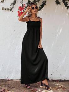 EURMUSE Solid Knot Shoulder Cami Dress - Black - View 4