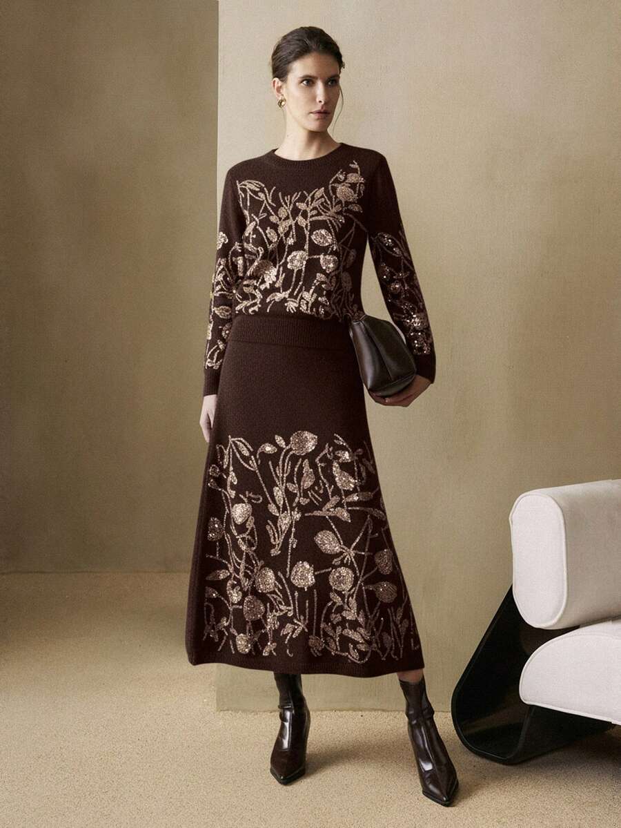 Arave 女士宽松毛衣半裙套装，饰有闪亮刺绣设计，适合日常通勤