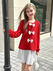 2 pièces/set Ensemble fille décontracté avec sweat-shirt à col rond et jupe avec nœud décoratif, manches longues, convient pour l'automne et les sorties - Rouge - Voir 3