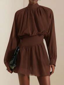Vesra Autumn New Ruffled Hem Printed Long Sleeve Waist Cinched Mini Dress - Brown - View 5