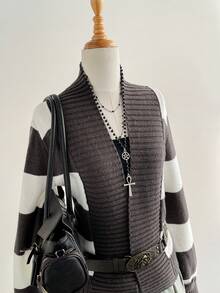 SHEIN Unity Cardigan Wanita Kasual Motif Garis-Garis Blok Warna dengan Tali Depan, Musim Gugur/Dingin - MultiWarna - View 4