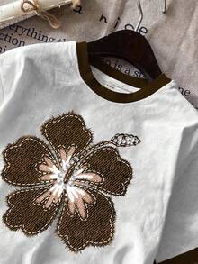 SHEIN EZwear 休闲简约棕色花卉图案圆领宽松女式T恤 - 彩色 - 查看 3