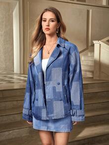 SHEIN Frenchy 女士拼接图案长袖翻领休闲双排扣宽松牛仔外套 - 彩色 - 查看 3