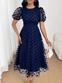 SHEIN Lady Đầm midi chấm bi cổ tròn tay bồng eo cho nữ, thời trang và thanh lịch - Màu xanh hải quân - Xem 7