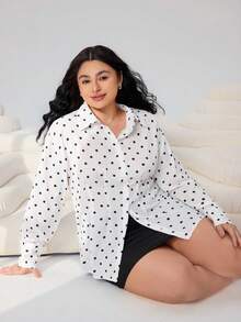SHEIN EZwear 大码女式时尚休闲波点印花高腰衬衫 - 彩色 - 查看 1
