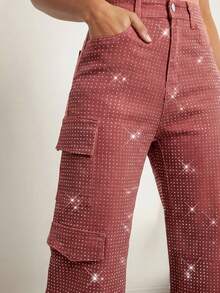 Denimoi 秋冬季女装，女士中腰黑色水钻装饰多口袋直筒休闲工装牛仔裤。适合日常穿着、外出、音乐会、节日、派对、夜店、圣诞节等场合。 - 紅色 - 查看 4