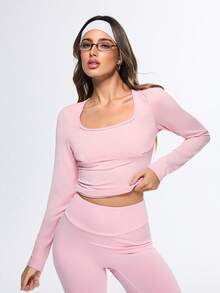 Eassivo Eassivo Herbst einfarbiges Slim Fit Langarm Rundhals Athletik T-Shirt - Pink - Übersicht 7