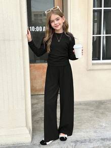 SHEIN Serisse Kids 少女纯黑色纹理针织侧褶皱高领修身长袖上衣T恤和阔腿裤两件套，休闲宽松T恤上衣搭配休闲宽松长裤，基础款，日常穿着，适合返校季 - 黑色 - 查看 5