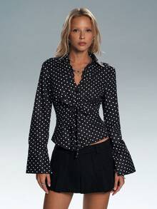 TRNVIE 女士波点V领蕾丝拼接修身长袖衬衫，适合办公室穿着、毕业典礼、返校季等场合 - 黑與白 - 查看 3