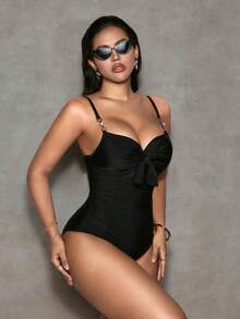 Shapewave 一件式纯色珍珠蝴蝶结褶皱宽肩带交叉绳聚拢钢圈塑形连体泳衣，简约优雅，适合春夏海滩度假 - 黑色 - 查看 7