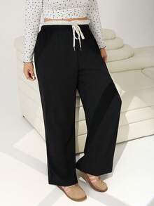 SHEIN EZwear Plus Size Women's Black & White Contrast Ruffle Hem Belted Wide Leg Loose Casual Pants - Black and White - View 5
