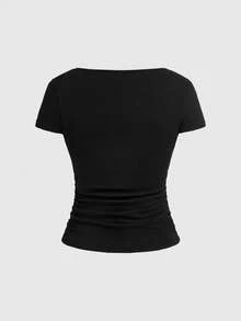 ROMWE Grunge Punk Women's Short Sleeve Punk Patchwork Chest Metal Rivet 2 In 1 Tight T-Shirt - Black - View 2