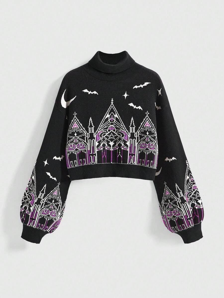 ROMWE Goth Suéter de cuello alto de talla grande para mujer con patrón ...
