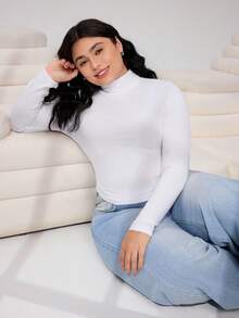 SHEIN EZwear 女式针织高领大码 T 恤 - 白色 - 查看 7
