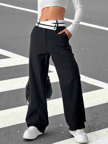 Muchica 春季连衣裙裤装 女士黑色不对称高腰直筒裤 - 黑與白 - 查看 4