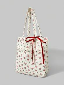 ROMWE Fairycore 1个全印花花卉图案大容量印花灯芯绒手提袋 - 多色10 - 查看 4